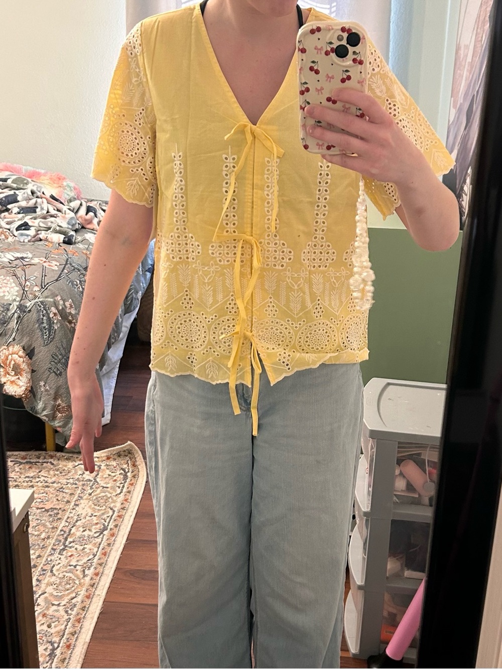 Yellow Embroidered Tie-Front Women's Top - Picture 7 of 7